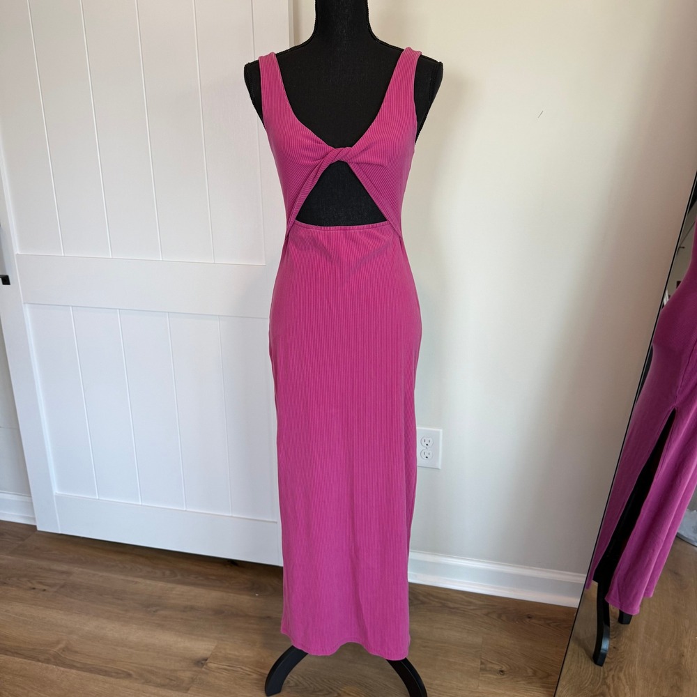 L*Space Magenta Pink Ribbed Knit Twist Front Cutout Maxi Dress Size Small